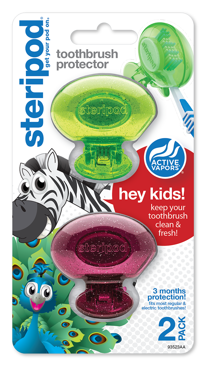 
                  
                    Steripod Kids Clip-On Toothbrush Protector with Active Vapors, 2 Count, green and purple
                  
                
