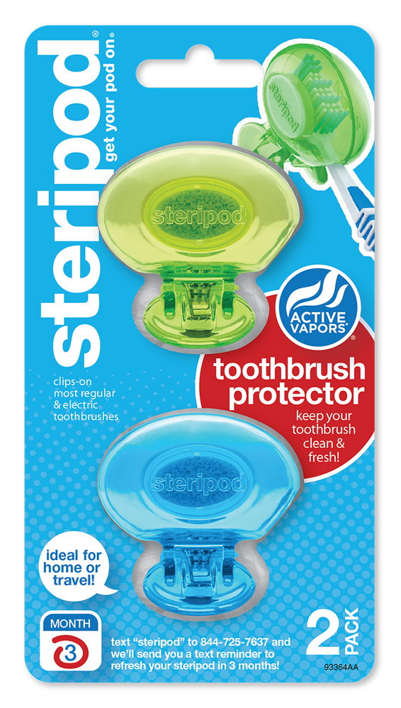 
                  
                    Steripod Clip-On Toothbrush Protector with Active Vapors. 2 Count, green and blue
                  
                