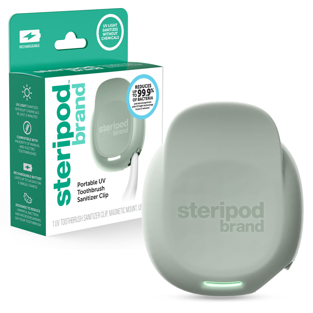 Steripod Brand Portable UV Rechargeable Toothbrush Sanitizer Clip, Sage color