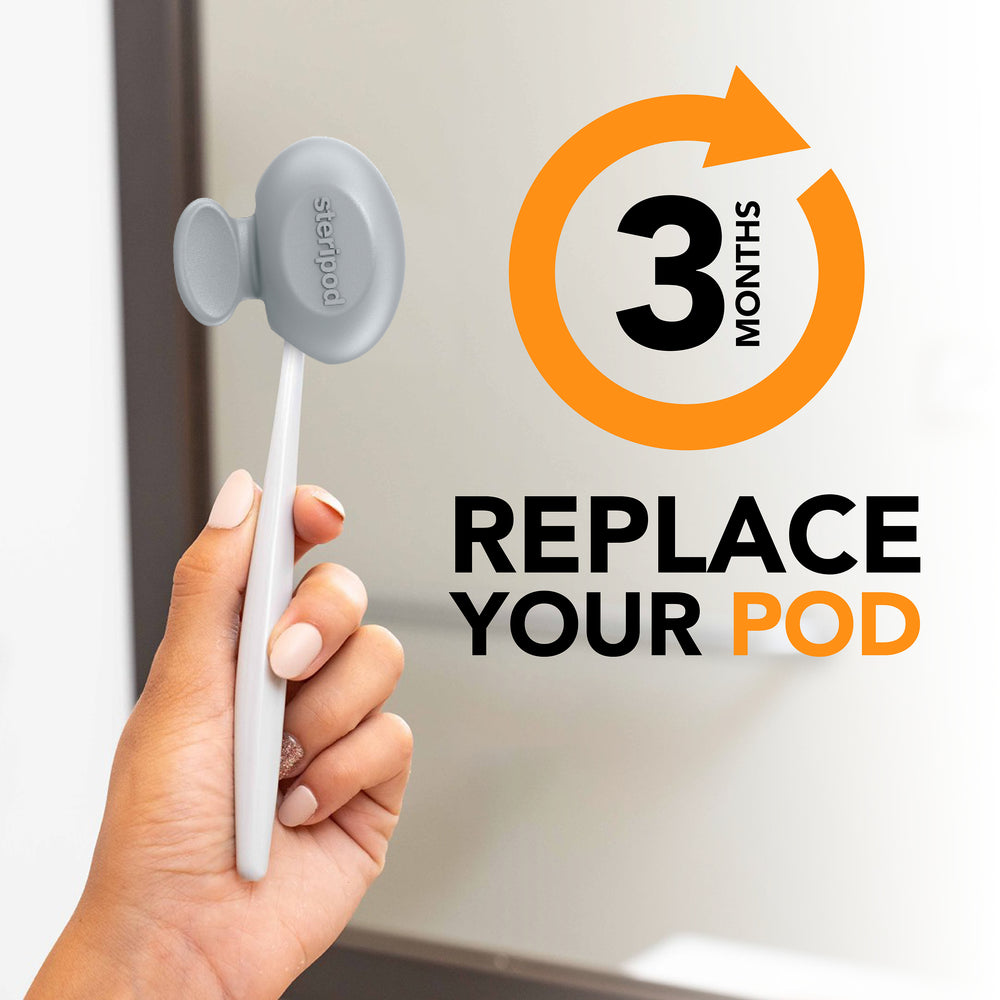 
                  
                    Toothbrush with Gray Steripod, Replace your pod every 3 months
                  
                