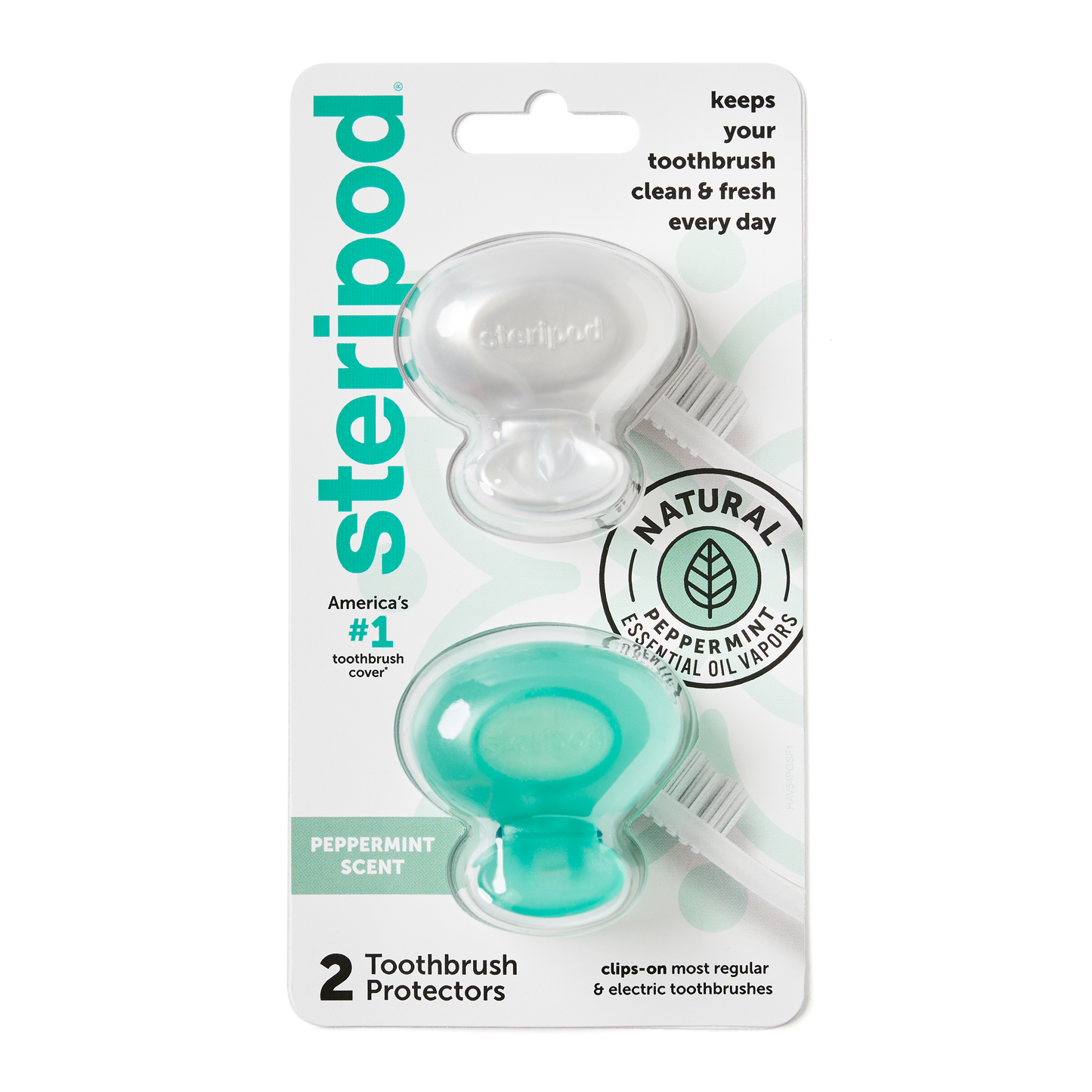 Steripod Clip-On Toothbrush Protector with Peppermint Essential Oils, 2 Count, white and green