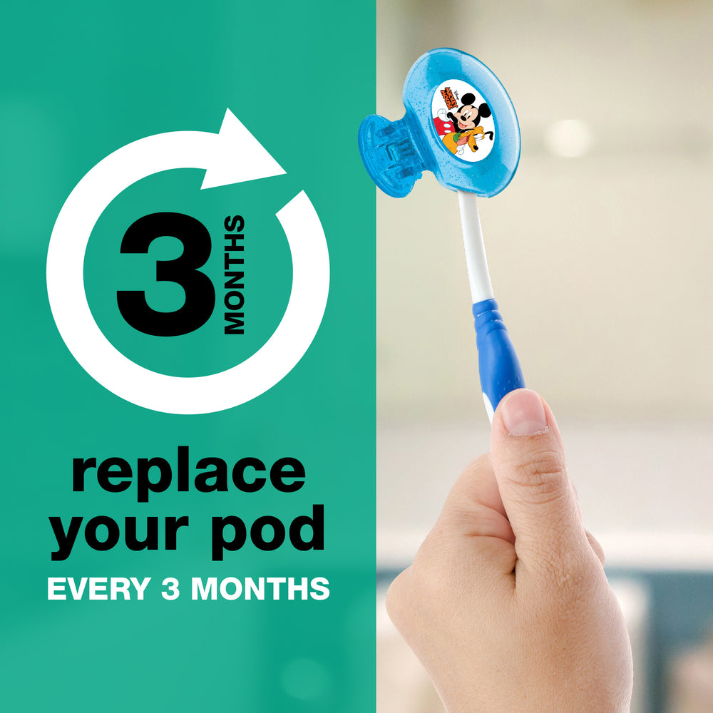 
                  
                    Child's hand holding toothbrush with blue Steripod Kids Mickey Mouse Clip-On Toothbrush Protector, replace your pod every 3 months
                  
                