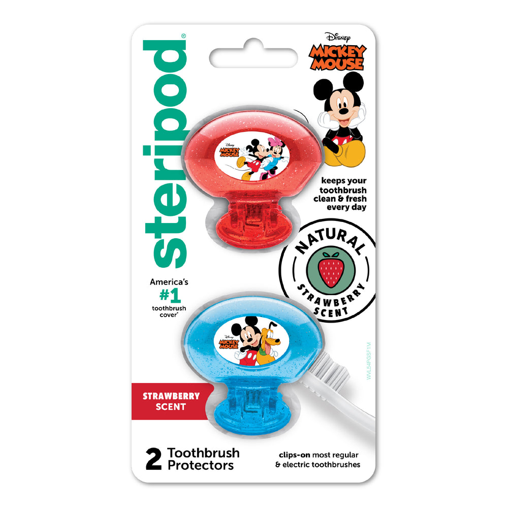 Steripod Kids Mickey Mouse Clip-On Toothbrush Protector,, Strawberry Scent, 2 Count, Red, Blue