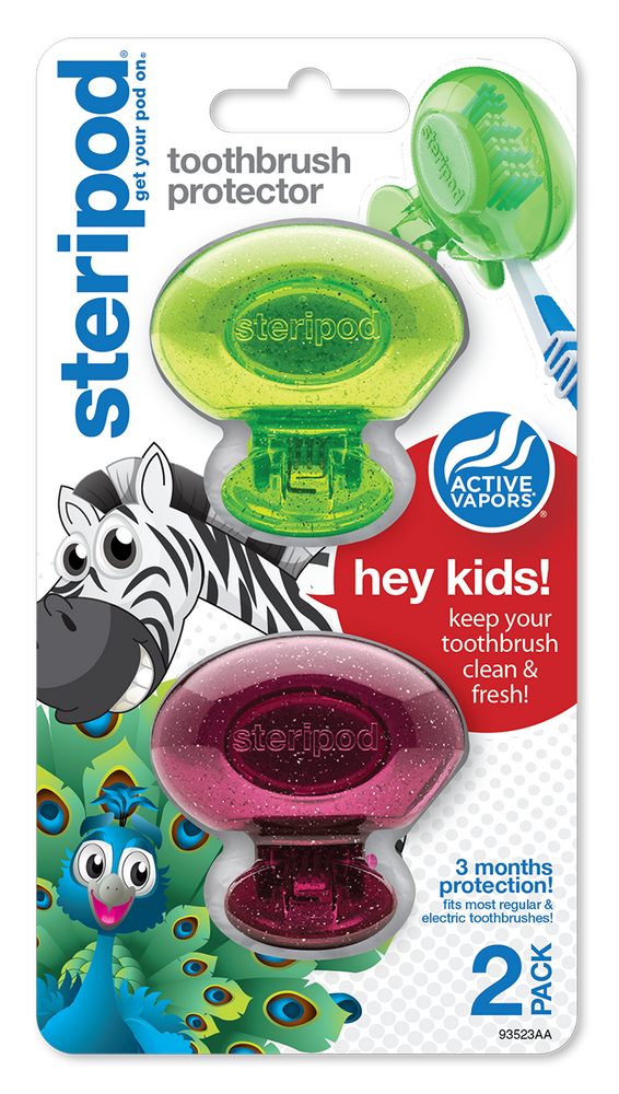 
                  
                    Steripod Kids Clip-On Toothbrush Protector with Active Vapors, 2 Count, green and purple
                  
                