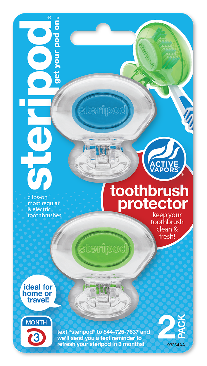 
                  
                    Steripod Clip-On Toothbrush Protector with Active Vapors. 2 Count, clear blue and clear green
                  
                