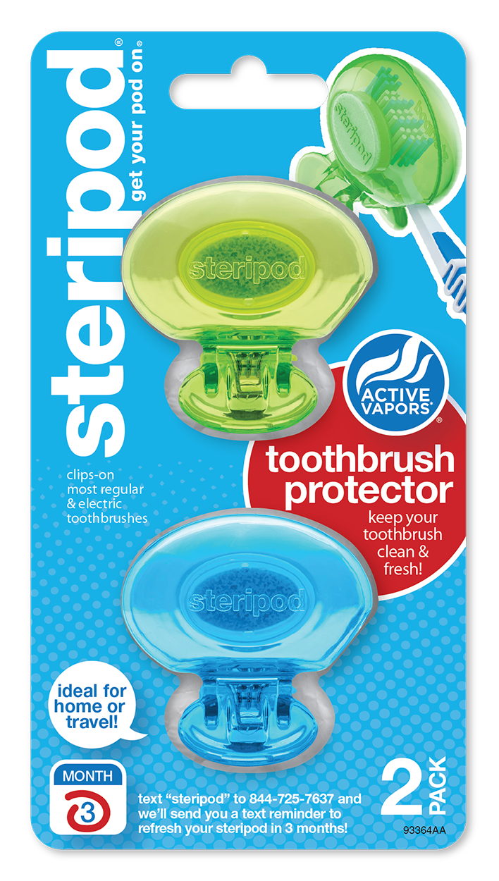 
                  
                    Steripod Clip-On Toothbrush Protector with Active Vapors. 2 Count, green and blue
                  
                