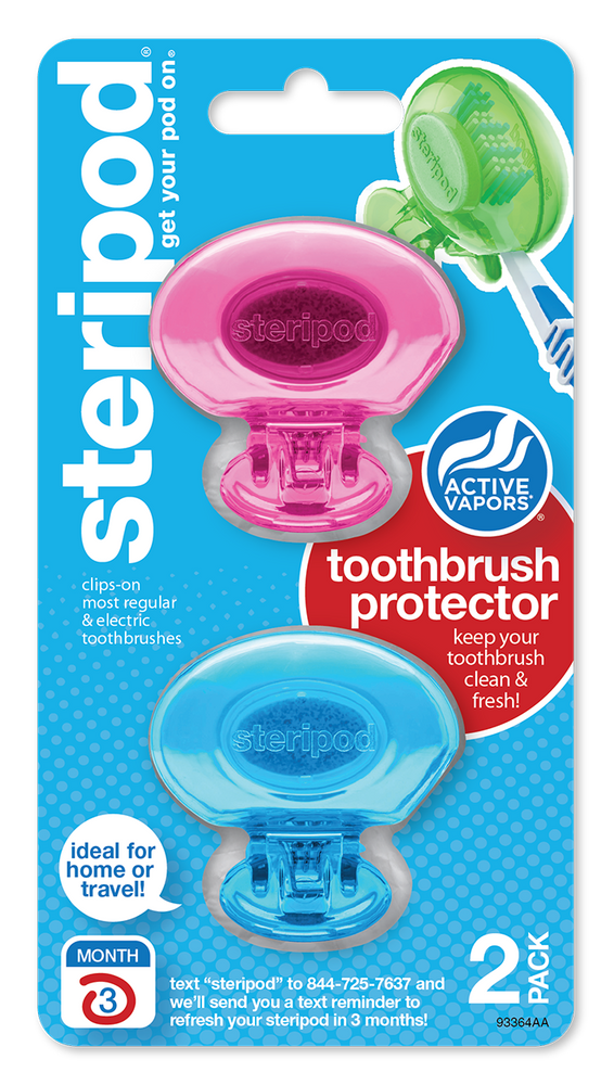 
                  
                    Steripod Clip-On Toothbrush Protector with Active Vapors. 2 Count, pink and blue
                  
                