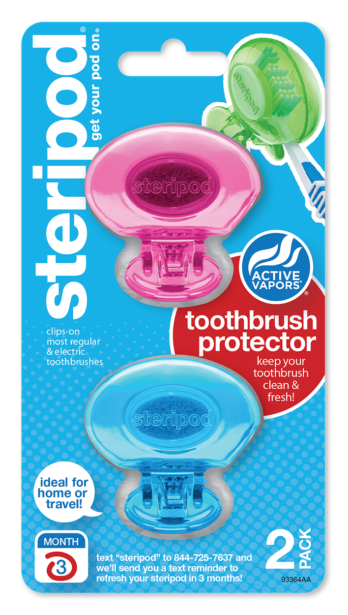 
                  
                    Steripod Clip-On Toothbrush Protector with Active Vapors. 2 Count, pink and blue
                  
                