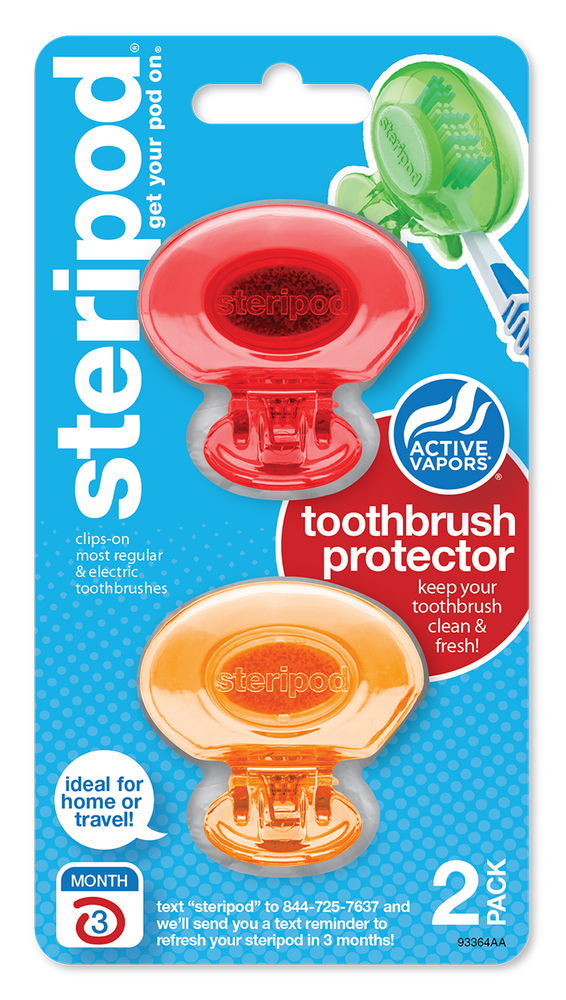 
                  
                    Steripod Clip-On Toothbrush Protector with Active Vapors. 2 Count, red and orange
                  
                
