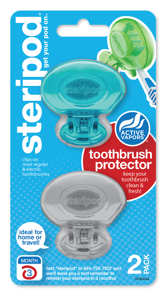 
                  
                    Steripod Clip-On Toothbrush Protector with Active Vapors. 2 Count, blue and gray
                  
                