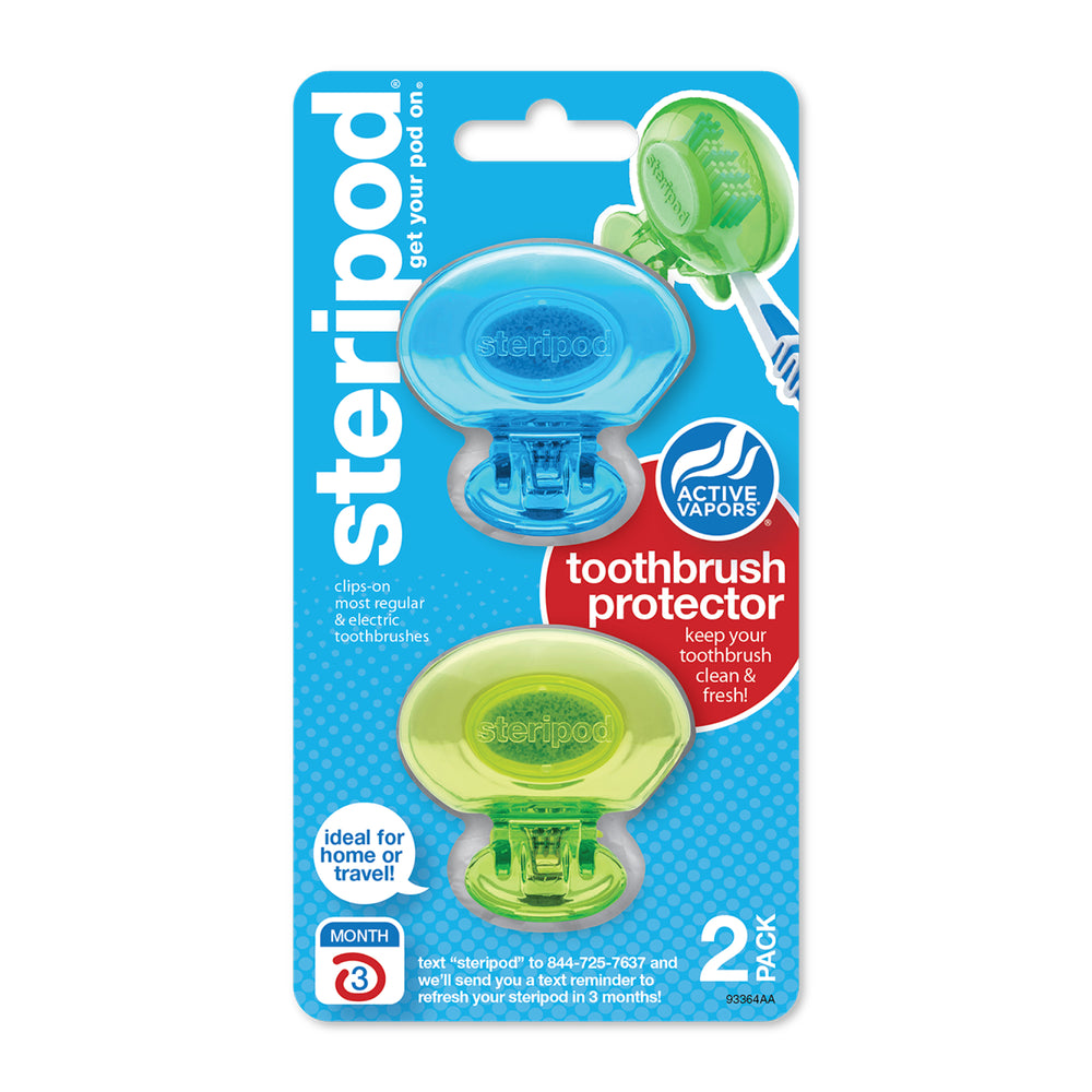 Steripod Clip-On Toothbrush Protector with Active Vapors. 2 Count, green and blue